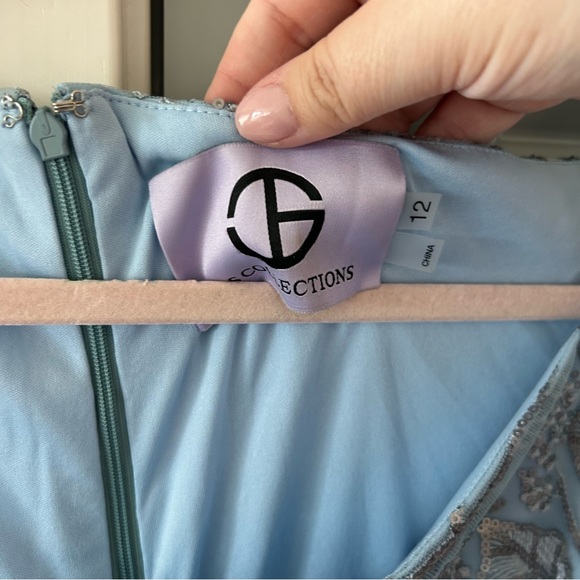 New JS Collections Floral Sequin Embroidered Asymmetric Neck Sheath Gown - Picture 6 of 7